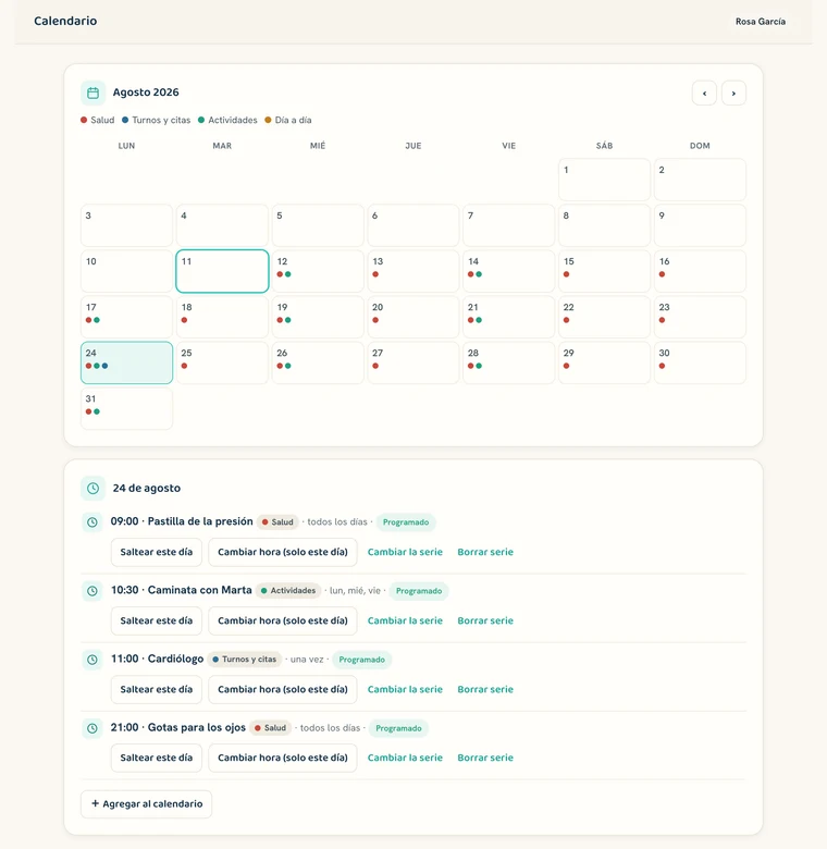 El calendario real del panel: actividades por categoría, día por día