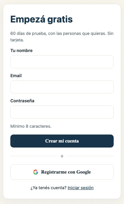 Pantalla real de registro: Empezá gratis, con email o con Google